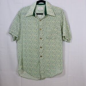 Double Exposure Button Down Shirt Mens 15.5 Green Yellow Leaf Print Vintage 70s